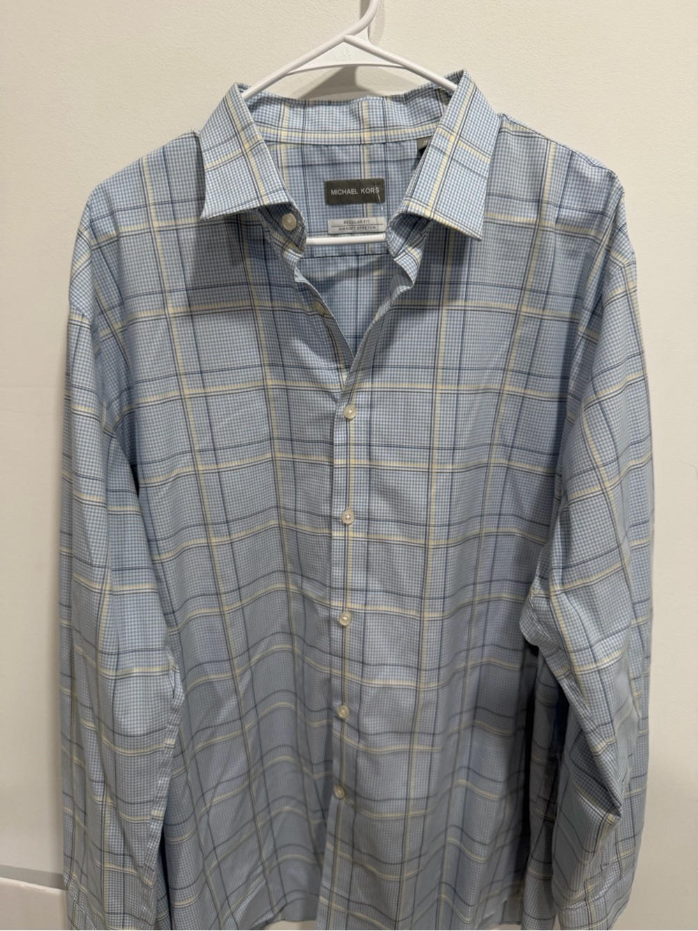 Michael Kors Men's Blue and White Windowpane Plaid Dress Shirt